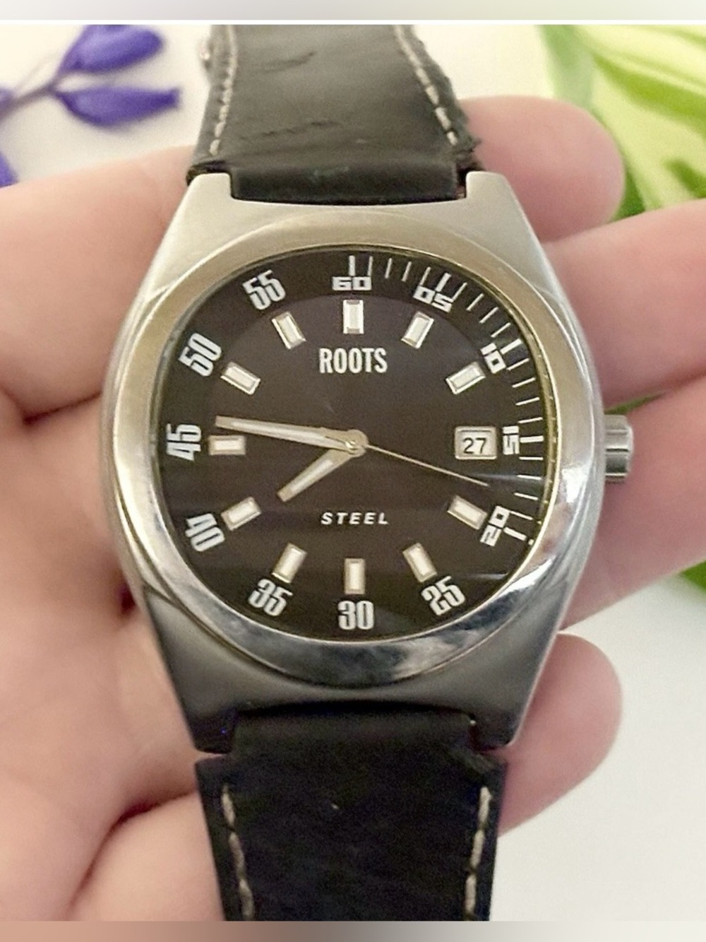 Large Industrial Roots Steel Day/Date Genuine Black Leather Luxury Men’s Watch